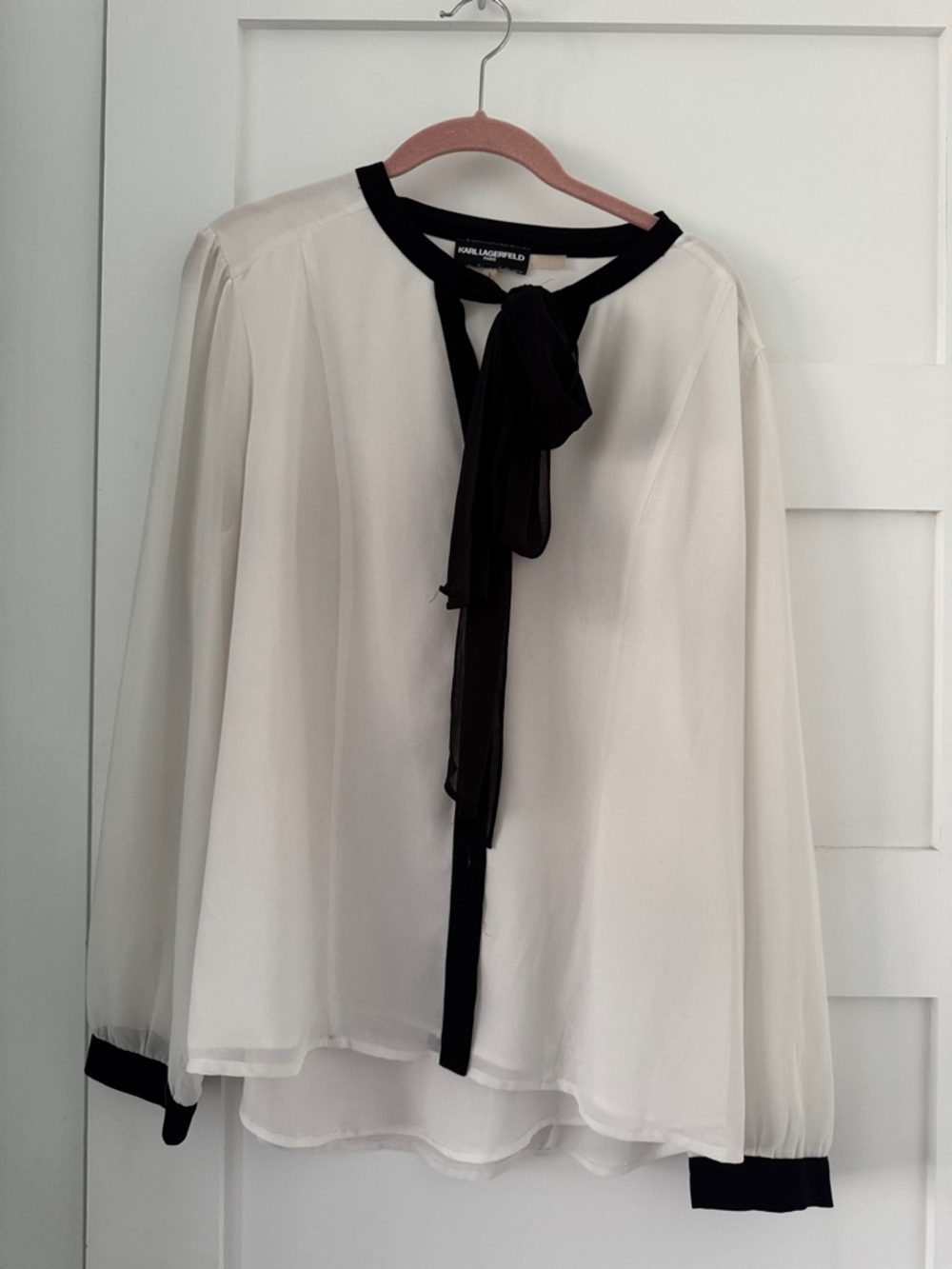 Karl Lagerfeld Cream Blouse with Black Neck Tie and Trim